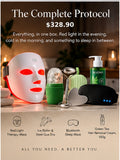 The Complete Protocol: red light therapy mask, ice roller with steel gua sha, Bluetooth sleep mask, and green tea hair removal cream
