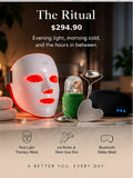 The Ritual set: red light therapy mask, ice roller with steel gua sha, and Bluetooth sleep mask
