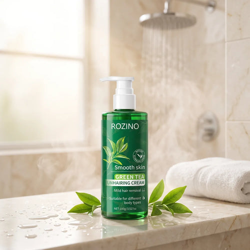 Green tea hair removal cream in a 100g pump bottle on a bathroom shelf