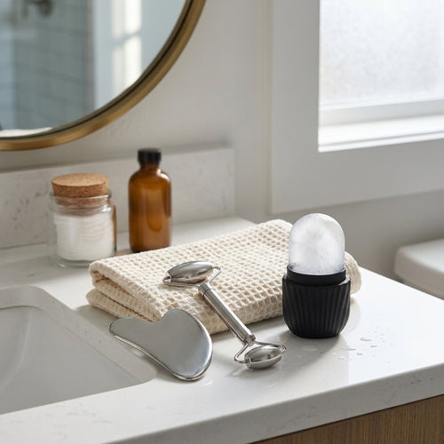 Black ice roller, steel gua sha and roller on a bathroom counter