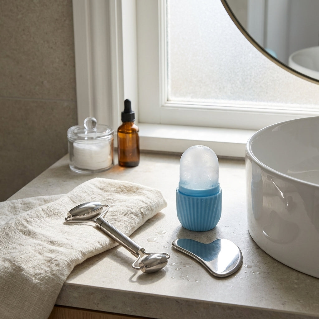 Blue ice roller, steel gua sha and roller on a bathroom counter
