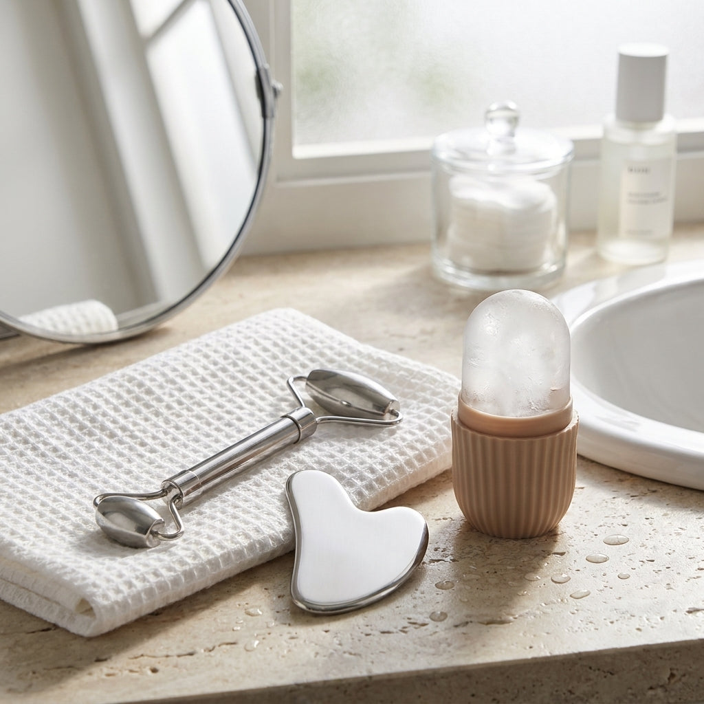 Coffee ice roller, steel gua sha and roller on a bathroom counter