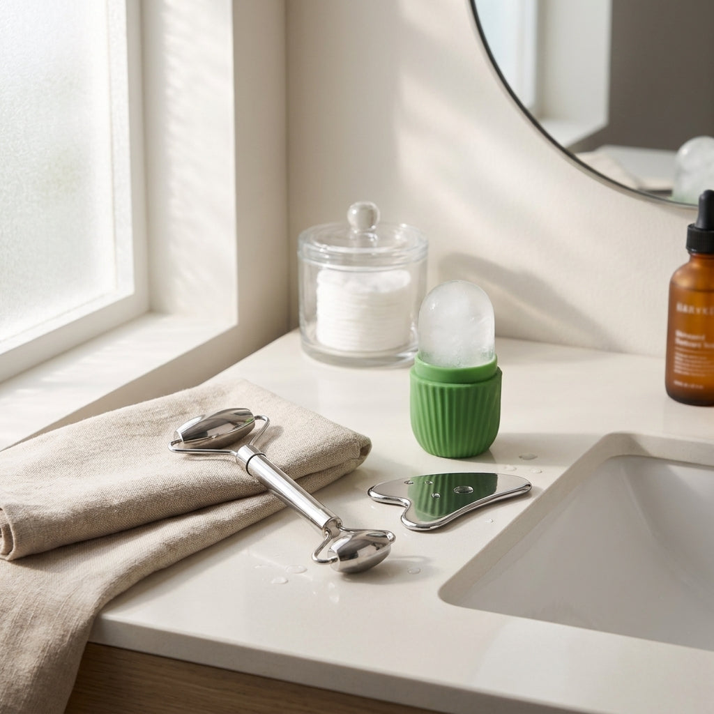 Green ice roller, steel gua sha and roller on a bathroom counter