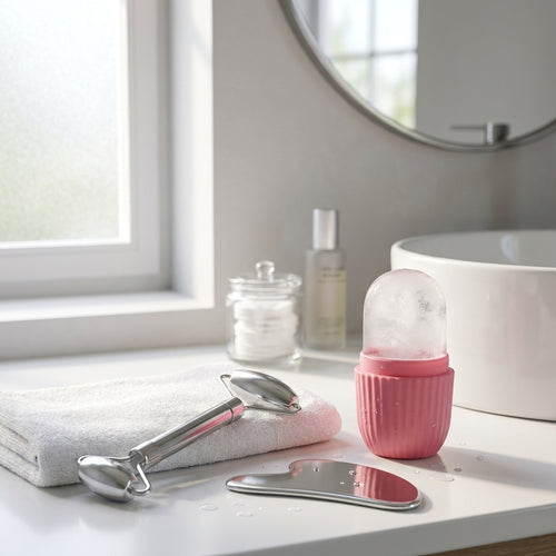 Pink ice roller, steel gua sha and roller on a bathroom counter