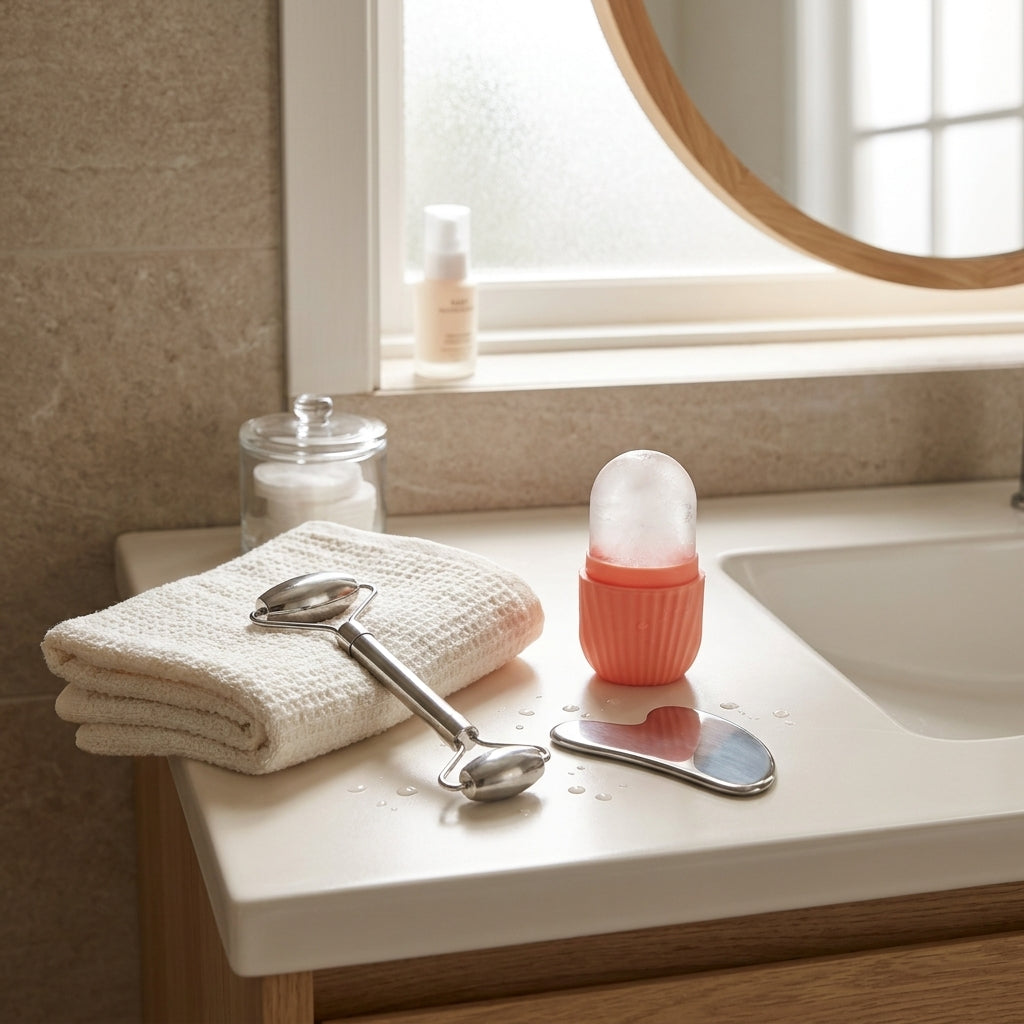 Rose red ice roller, steel gua sha and roller on a bathroom counter